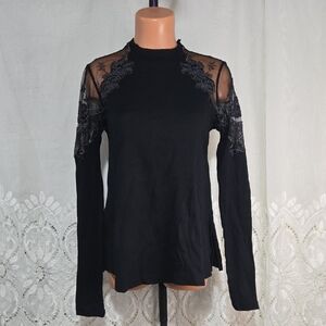 Free People Black Lace Detail Long Sleeve Shirt/Top/Blouse Sz X-Small
